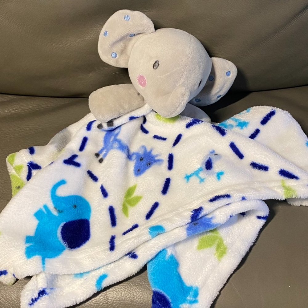 Elephant with Blue Polkadots on its Ears, Lovey, Security Blanket, Blue & White